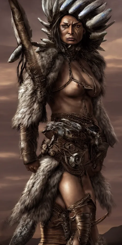 Image similar to fight portrait ancient shaman tribeswoman in battlerage, destroyed armor inspired by monster hunter, low shot, muscular body, symmetrical face, clean face, subtle make up, destruction around her, frozen time,dramatic lighting, cinematic, establishing shot, extremely high detail, photorealistic, 300 the movie,monster hunter the movie, dune the movie, cinematic lighting, artstation, octane render, western,old photo, vintage