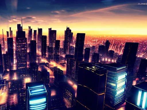 Image similar to a cinematic busy cyberpunk street in a mega city packed with flying vehicles, large mega corp buildings dominate the skyline at dusk by nick hiatt, cinematic, film still