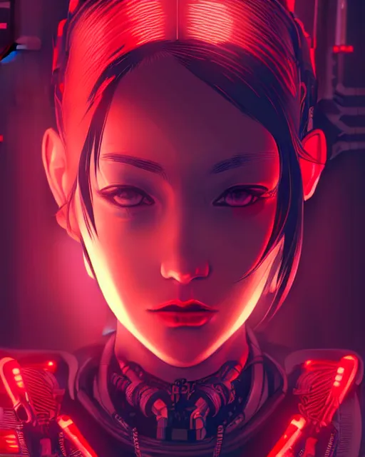 Image similar to a detailed potrait of a cyberpunk cyborg girl with black and red parts, perfect face, realistic shaded perfect face, detailed. night setting. very anime style. realistic shaded lighting poster by ilya kuvshinov katsuhiro, unreal engine, global illumination, radiant light, detailed and intricate environment