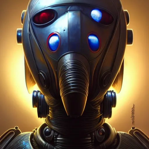 Image similar to low angle shot of a cyberpunk gazmask robot character, intricate, elegant, highly detailed, centered, digital painting, artstation, concept art, front shot, smooth, sharp focus, illustration, artgerm, Tomasz Alen Kopera, Peter Mohrbacher, donato giancola, Joseph Christian Leyendecker, WLOP, Boris Vallejo