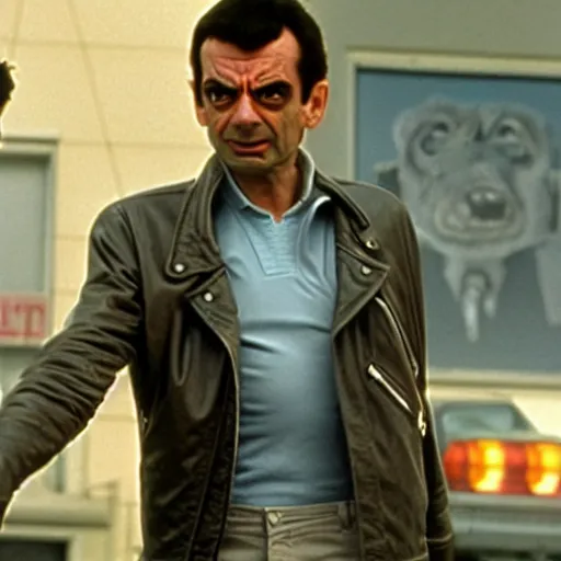 Prompt: A still of Mr Bean as the Terminator in The Terminator (1984)