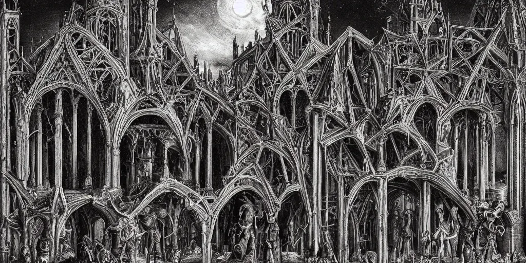 Prompt: demonic gothic megastructure in the style of heironymus bosch, dark intricate masterpiece, hyper detailed, hd