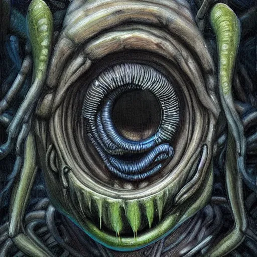 Image similar to detailed painting of mike wazowski that looks like a xenomorph, in the style of h r giger and wayne barlowe