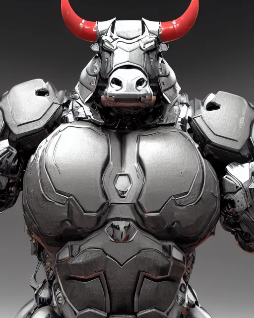 Image similar to a full body shot of an imposing cyborg ( bull ) modeled after a bull looking into the camera, android, cyborg, full body shot, intricate, 3 d, hyper realism, symmetrical, octane render, strong bokeh, fantasy, highly detailed, depth of field, digital art, artstation, red, concept art, cinematic lighting, trending