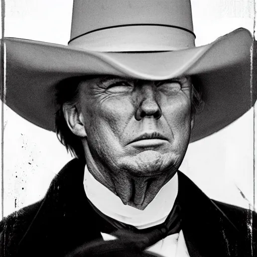 Prompt: an 1 8 0 0 s photo of donald trump playing the role of clint eastwood, squinting at high noon, in the style of a clint eastwood movie, the good, the bad and the ugly, clint eastwood, vibe, donald trump, glory days, mount rushmore, stern, resolve, formal, justice, american flag, independence, patriotism, symmetry, centered