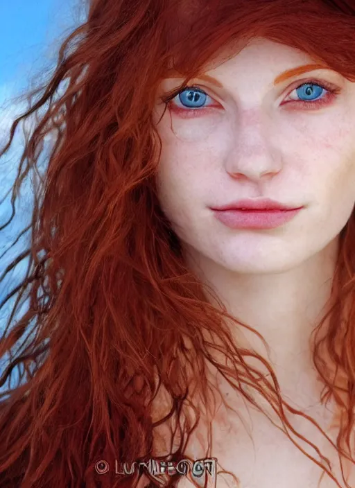 Image similar to close up portrait of a thin young redhead woman with russian descent, sunbathed skin, with deep blue eyes. wavy long maroon colored hair. she looks directly at the camera. slightly open mouth, face takes up half of the photo. a park visible in the background. intricate. detailed 8 k. art by luis royo.