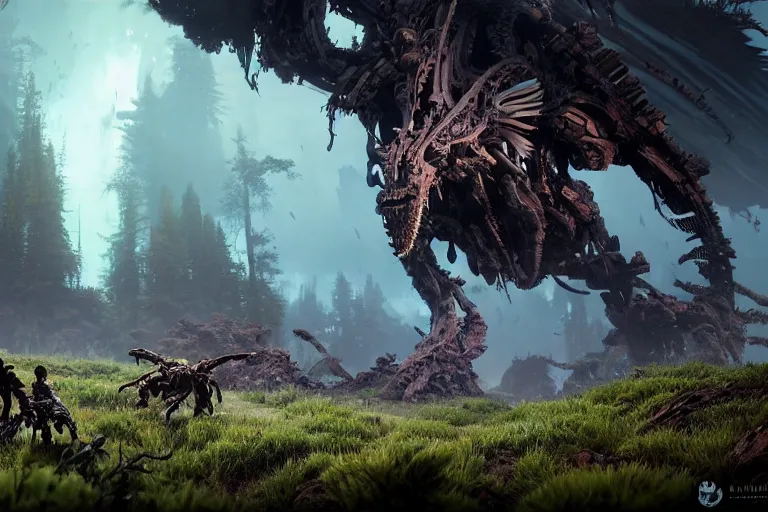 Image similar to wide epic shot from horizon forbidden west. a hyper detailed organic mechanic creatuve realistic similar look as horizon forbidden west horizon zero dawn, bioluminiscence in a dark deep forest at dawn in spring, with reflection and textures, by kilian eng, substance painter reaslitic mech surface metal painted scratches, world env from horizon forbidden west horizon zero dawn