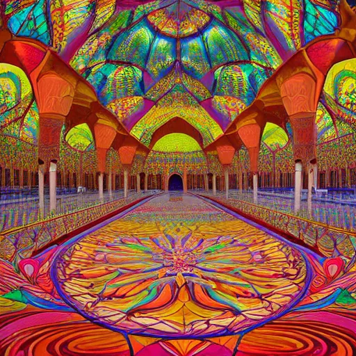 Image similar to world most beautiful mosque by jeff koons, m. c. escher, zdzisław beksinski, beeple, rutkowski, and alphonse mucha, chihuly