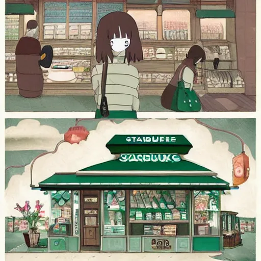 Image similar to starbucks shop with spirited away style, no face man, illustrate, art by ghibli studio