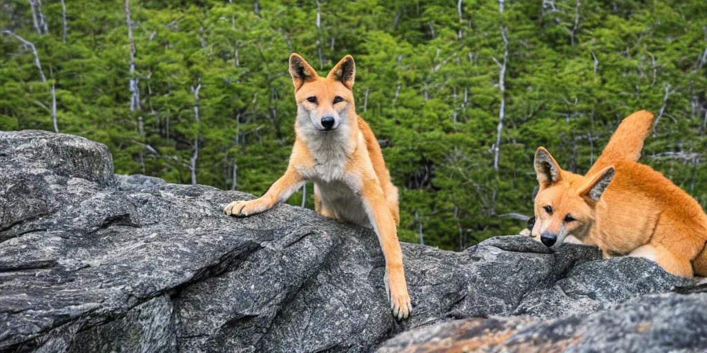 Prompt: a dingo poses on the precipice trail on mt. champlain in maine, ocean background, ladders