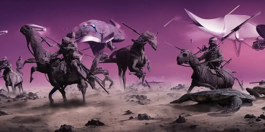 Prompt: neurotic depiction of a battlefield with horses riding drones and militarized turtles, weapon design by zaha hadid, y 2 k aesthetic, dark purple background, chesley bonestell, 4 k