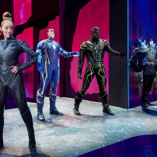 Image similar to costumes by Julie Taymor for Avengers: Infinity War the musical on broadway, production photos