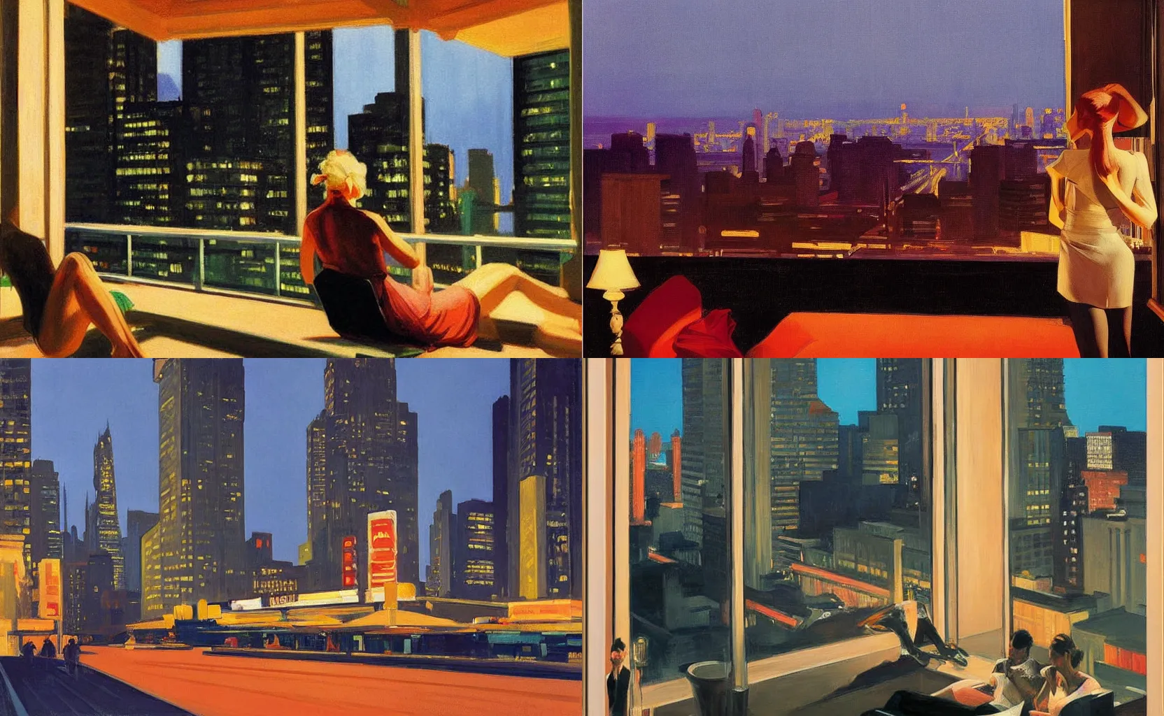 Prompt: a view of the sparkling cityscape at night by the balcony, painting by Syd Mead and Edward Hopper