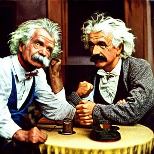 Image similar to Historical technicolor photograph, 350mm, arm wrestling match between Mark Twain and Albert Einstein