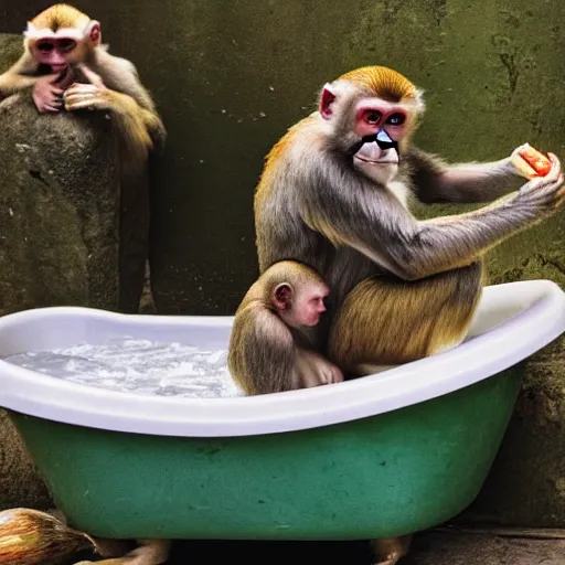 Image similar to monkeys bathing in a tub and eating bananas, national geographic