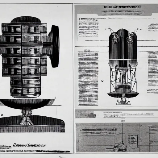 Image similar to archive blueprints of 1 9 4 0's nuclear powered spaceship engine