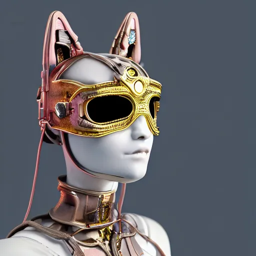 Prompt: A single Close up photo-real delicate cyberpunk-ceramic porcelain 3d-bust of an ornate NFT-collectible of a neon-monochrome kawaii hyperrealistic of a cyborg-cat with VR headset-mask, in an fire-cosmos landscape, golden ratio, realistic 3D, hyper-realistic, insanely super detailed, realistic octane render, 16k, fashion photography by Alexander Mcqueen (saturn pattern), hard light Goddess detailed in front of an intricate background by James Merry and Jesse Kanda, micro detail, backlit lighting, face in focus, subsurface scattering, translucent, thin porcelain, blackout background and composition art, physically based rendering, japanese pottery, trending on cgsociety