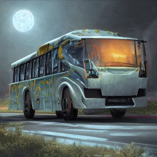 Image similar to Transformer hybrid of bus and wolf, having cabin if form of wolf head with big yellow eyes looking at us and long body of bus with wheels and windows, mechanical form of life, oil on canvas, fantasy, digital painting, concept art, smooth, sharp focus, illustration, artstation trending, octane render, unreal engine, Ghibli, anime style