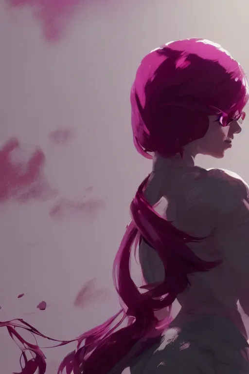 Prompt: A beautiful woman with professional makeup, with shoulder length mid-length magenta hair, volumetric lighting, dramatic atmosphere, by Dustin Nguyen, Akihiko Yoshida, Greg Tocchini, Greg Rutkowski, Cliff Chiang, 4k resolution, trending on artstation