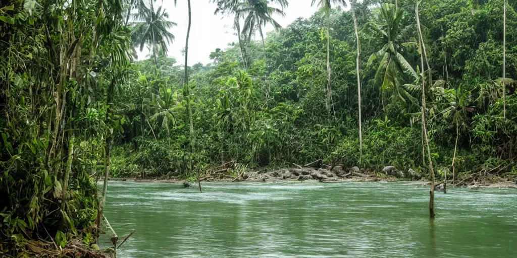 Image similar to yautja in sri lankan jungle, next to a river, extremely high fidelity