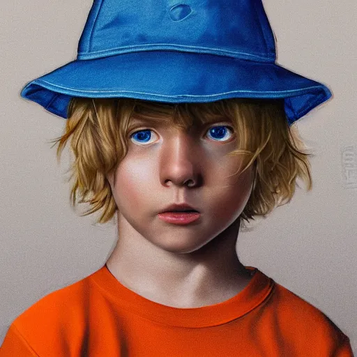 Image similar to a detailed portrait of a boy with blue eyes and blonde hair wearing an orange bucket hat, art illustration, incredibly highly detailed and realistic, 8 k, sharp focus