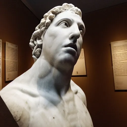 Image similar to a realistic greek white marble statue of adam sandler wearing a ghostly toga getting kicked in the balls, displayed in a museum art gallery, moody, dramatic lighting, dark, photorealistic, cinematic scene, super detailed, hyper realistic, bright lights, 8 k