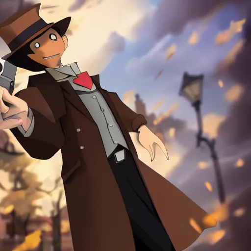 Prompt: professor layton as a real person holding a gun, 4k photograph, extreme low angle, longshot, fast shutter speed, backlighting, in the style of james bind