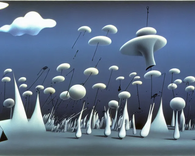 Image similar to yves tanguy art. a still from totoro, re imagined in the style of yves tanguy. surrealism, dadaism, ghibli