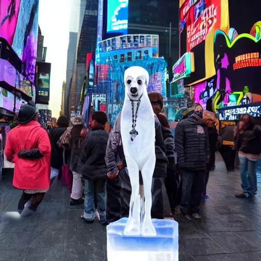 Image similar to realistic ice sculpture of snoop dog in times square, photorealistic, 8 k resolution, high detail