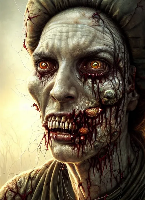 Image similar to closeup portrait shot of a zombie doctor in a scenic dystopian environment, intricate, elegant, highly detailed, centered, digital painting, artstation, concept art, smooth, sharp focus, illustration, artgerm, tomasz alen kopera, peter mohrbacher, donato giancola, joseph christian leyendecker, wlop, boris vallejo