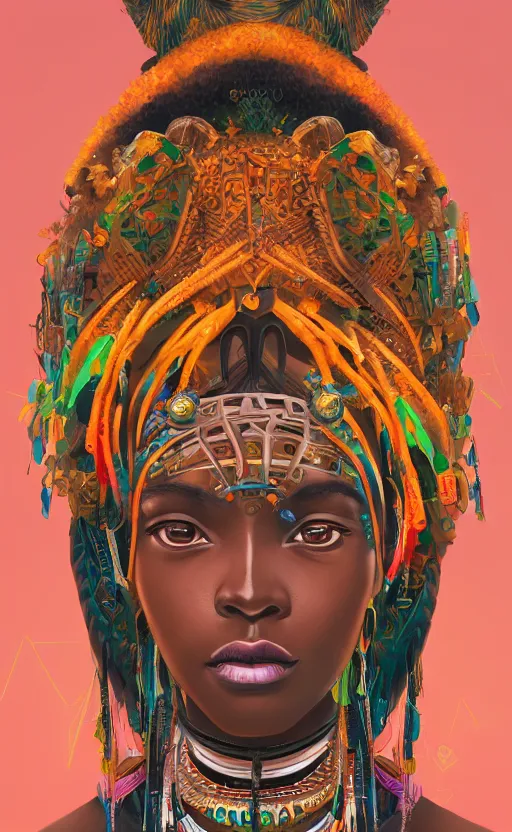 Image similar to upper half portrait of retro futuristic african tribal chief - embellished with vegetation and iridescent crystals, art by chsiao - ron cheng, highly detailed, digital painting, concept art, illustration, smooth sharp focus, intricate, symmetry, artstation, colourful,