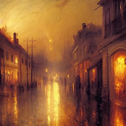 Prompt: highly detailed painting of night streets of belgrade, by william turner, by greg rutkowski, by william constable, thick brush strokes and visible paint layers, 4 k resolution