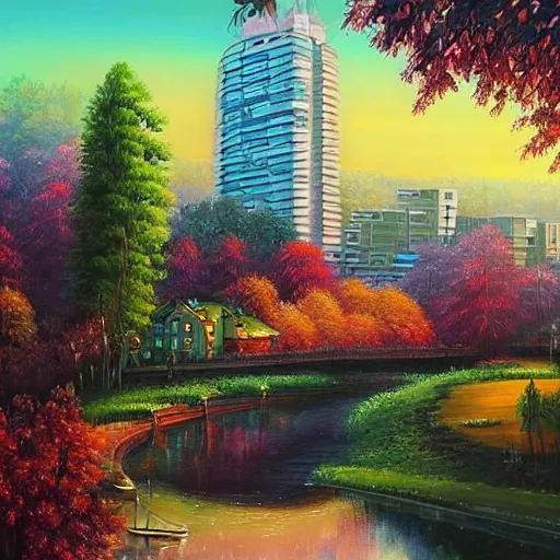 Image similar to Beautiful city of the future in harmony with nature. Nice colour scheme, soft warm colour. Beautiful detailed painting by Lurid. (2022)