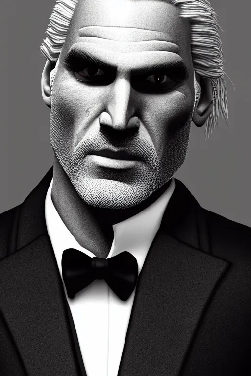 Prompt: full body portrait of geralt of rivia wearing a tuxedo, 5 5 mm lens, professional photograph, black and white, times magazine, serious