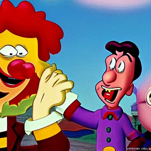 Image similar to Courage the cowardly dog growling at Ronald McDonald while Carl wheezer is mesmerized by Jimmy neutrons Mom