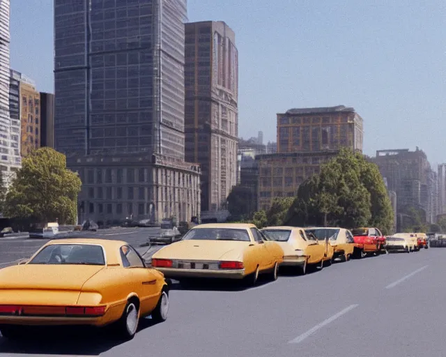 Prompt: a group of cars driving down a street next to tall buildings, a matte painting by andrey yefimovich martynov, pixiv, superflat, streetscape, anamorphic lens flare, photo taken with ektachrome