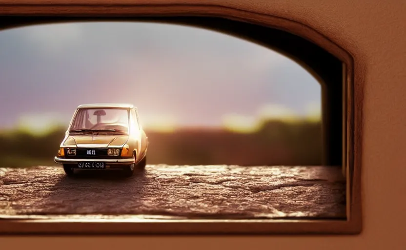 Prompt: a miniature of a Peugeot 309 Vital on a bookshelf near a window at sunset, DOF, octane render, unreal engine 5, godrays, complementary colors, calm, symmetrical, highly detailed, high quality, 4k, beautiful, hyperrealistic