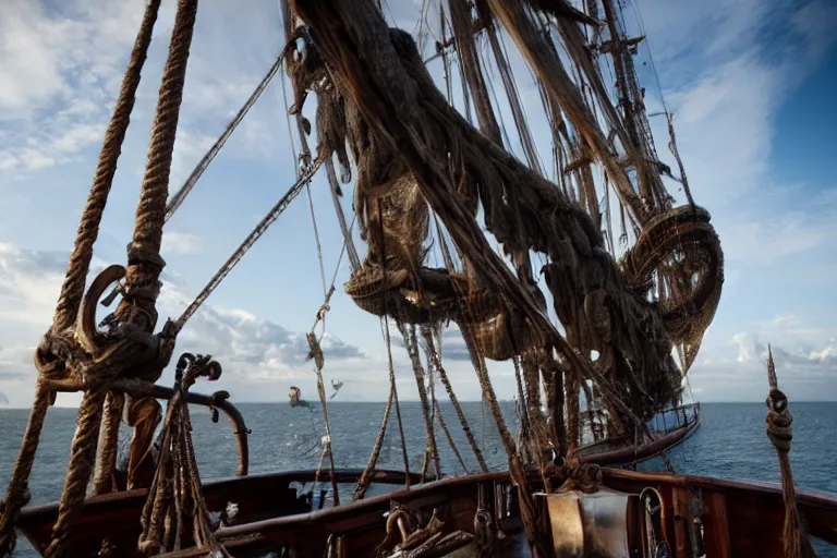 Image similar to product shot kraken rum on an old pirate ship, giant tentacle by emmanuel lubezki