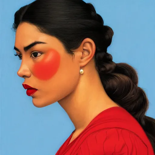 Prompt: a mexican woman's face in profile, red lips, white background, dynamic, ultra detailed, 4 k, illustration, by kehinde wiley, kadir nelson, john william waterhouse