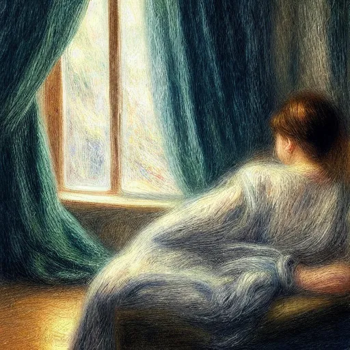 Image similar to on a rainy day, someone sits in bed, curled up under the covers, looking out the window, artstation, extremely detailed, intricate, cinematic lighting, art by pierre - auguste renoir