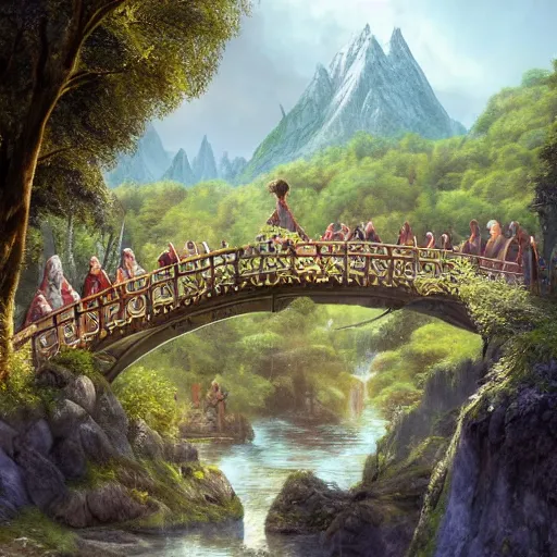 Image similar to hobbits with dwarves and a wizard walk along the bridge to rivendell, the elves warmly welcome them, very beautiful elves'settlements are visible in the trees in the distance, blue clear sky, vivid color, highly detailed, digital painting, artstation, matte, sharp focus, impressionnisme, art by shishkin and kuindzhi