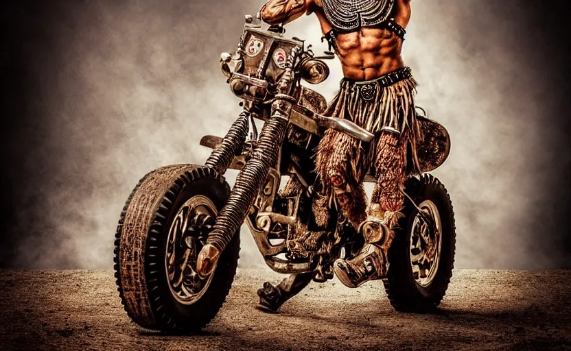 Image similar to old vintage full body photo of ancient aztec jaguar warrior with full beard riding vintage punk engine with one wheel, extreme sports photography ,super high speed photography, dynamic photography,symmetrical face, clean face, muscular body, high speed,dirt and grawel in air, lens flares, dust partiles in the air, dramatic lighting, intricate, highly detailed, centered, smooth, sharp focus, sports photography, old photo, black and white, sepia, cinematic lighting, cinematic angle, national geographic