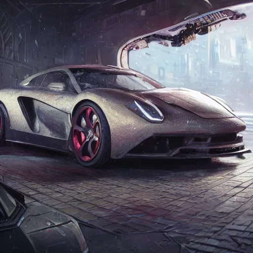 Image similar to full view of a car, intricate, elegant, highly detailed, digital painting, concept art, smooth, sharp focus, art style from Wang Ke and Greg Rutkowski and Bruce Kaiser and Scott Robertson and Dmitry Mazurkevich and Doruk Erdem and Jon Sibal, small hint of cyberpunk style