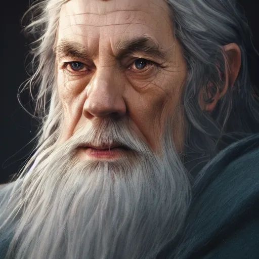 Image similar to a portrait of gandalf cinematic lighting, photorealistic, octane render, 8 k, depth of field, 3 d, art by artgerm and greg rutkowski and alphonse mucha and uang guangjian and gil elvgren and sachin ten