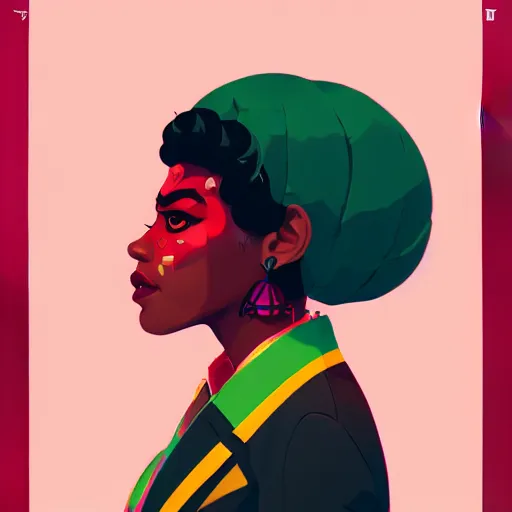 Image similar to Sachin Teng illustration of an afropunk female villain character, medium shot, asymmetrical, profile picture, outlines, rich colours, , trending on artstation, by Sachin Teng