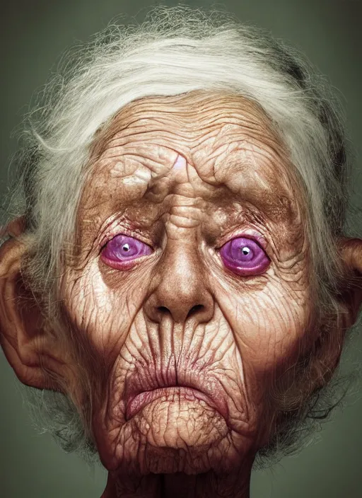 Image similar to an old woman with a weird look on her face, a surrealist painting by Martin Schoeller, shutterstock contest winner, pop surrealism, angelic photograph, stock photo, photoillustration