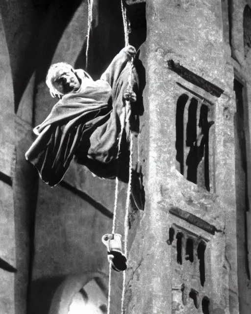 Image similar to color Photograph of Charles Laughton dressed as Quasimodo swinging from a Bell Tower, atmospheric, cinematic