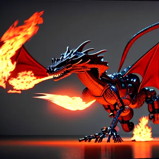 Image similar to an illustration of the full body of a robotic anthromorphic dragon emitting flames from its hands, floating off the ground, photorealistic 3D render, coherent like Dall-E 2