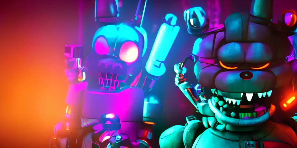 Image similar to fnaf freddy, cyberpunk, rgb, neon, hd, cinematic,