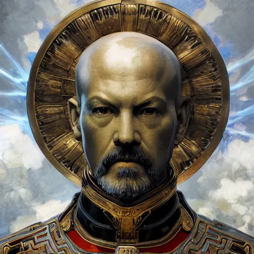 Image similar to masterpiece head - on symmetrical centered painted portrait, lenin as a holy warrior, holy light halo, glorious, wearing full metal armour, elegant, distant, in the style of ruan jia and artgerm and edgar maxence and ross tran and michael whelan and mucha, 8 k, octane render